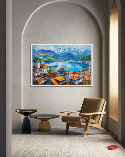 Lucerne Switzerland Cityscape Painting Canvas Framed Canvas, Lake Lucerne Art Print, Swiss Alps Large Wall Art For Living Room Office Decor