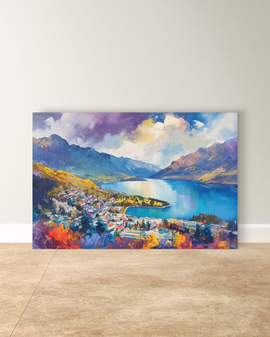 Queenstown New Zealand Wall Art, Lake Wakatipu Landscape Painting Print, Mountain Travel Art, Scenic Home Decor, Colorful Canvas Wall Art
