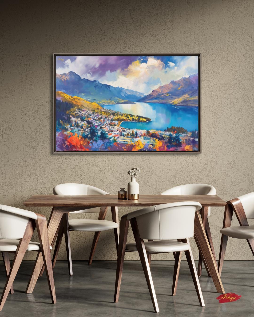 Queenstown New Zealand Wall Art, Lake Wakatipu Landscape Painting Print, Mountain Travel Art, Scenic Home Decor, Colorful Canvas Wall Art