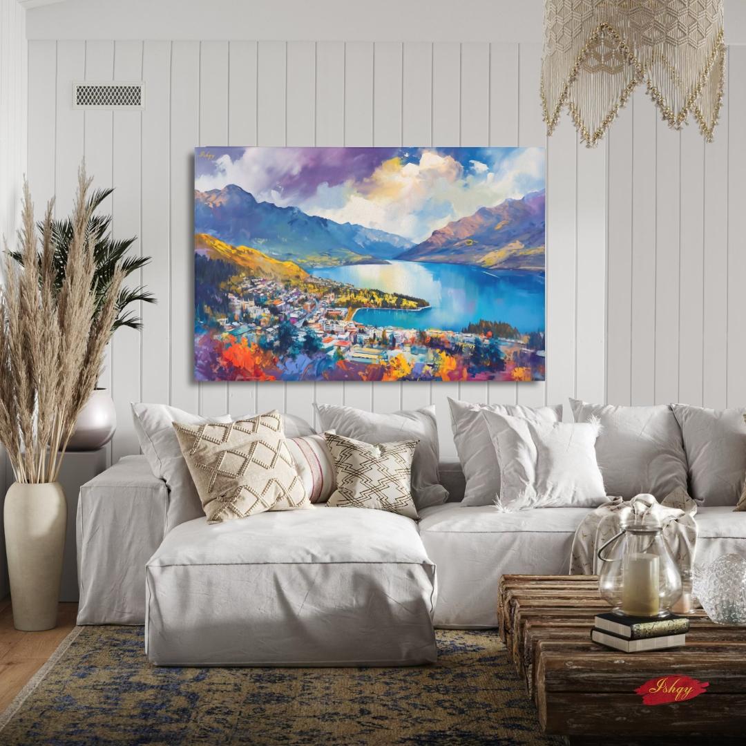 Queenstown Print Lake Wakatipu New Zealand Wall Art Canvas Wall Art Framed Canvas Print Extra Large Above Fireplace Art Housewarming Gift