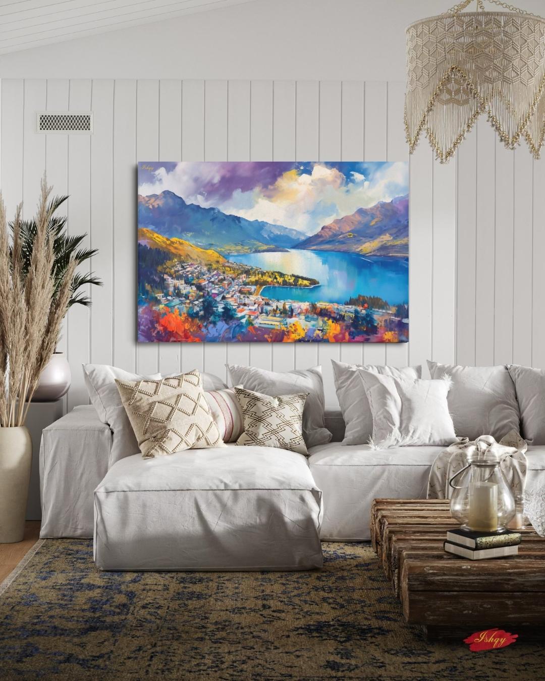 Queenstown New Zealand Wall Art, Lake Wakatipu Landscape Painting Print, Mountain Travel Art, Scenic Home Decor, Colorful Canvas Wall Art