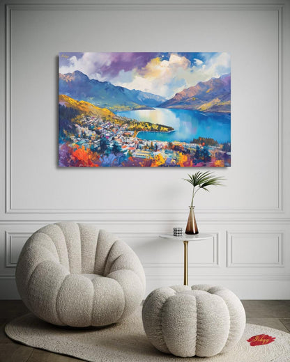 Queenstown New Zealand Wall Art, Lake Wakatipu Landscape Painting Print, Mountain Travel Art, Scenic Home Decor, Colorful Canvas Wall Art