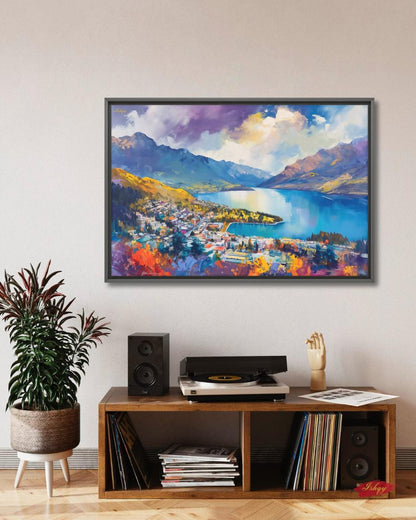 Queenstown New Zealand Wall Art, Lake Wakatipu Landscape Painting Print, Mountain Travel Art, Scenic Home Decor, Colorful Canvas Wall Art
