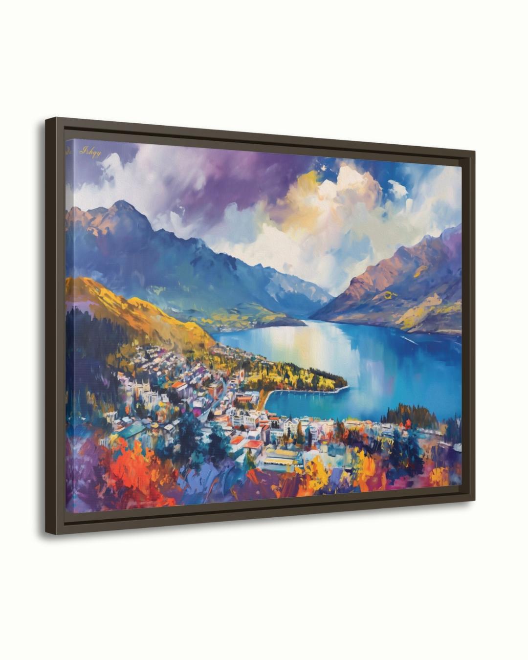 Queenstown New Zealand Wall Art, Lake Wakatipu Landscape Painting Print, Mountain Travel Art, Scenic Home Decor, Colorful Canvas Wall Art