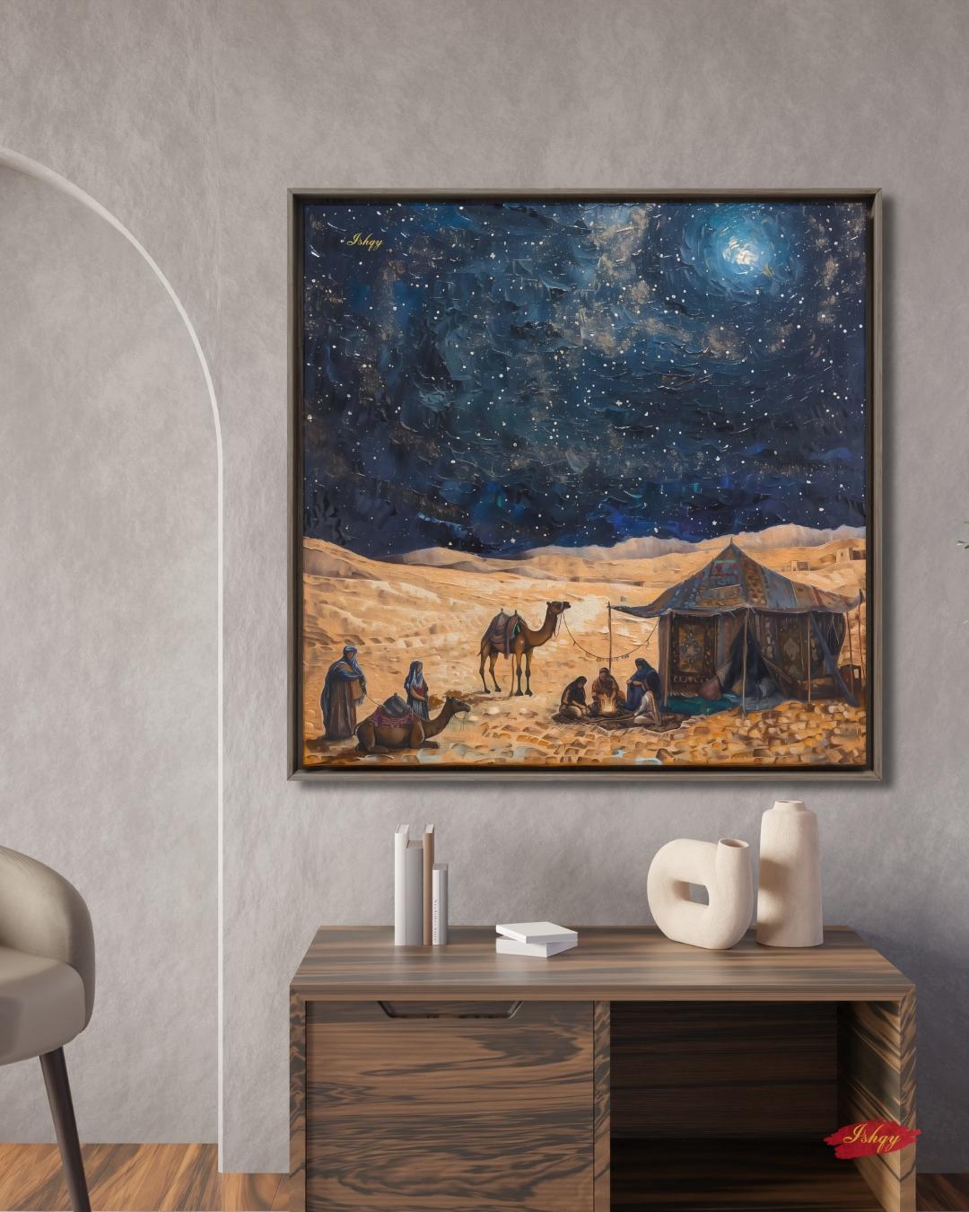Desert Night Art, Middle Eastern Canvas, Starry Sky Print, Caravan Tent Scene, Nomad Landscape Wall Decor, Cultural Travel Artwork