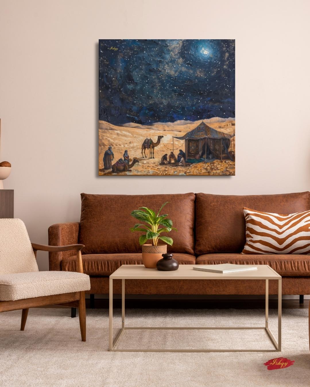 Desert Night Art, Middle Eastern Canvas, Starry Sky Print, Caravan Tent Scene, Nomad Landscape Wall Decor, Cultural Travel Artwork