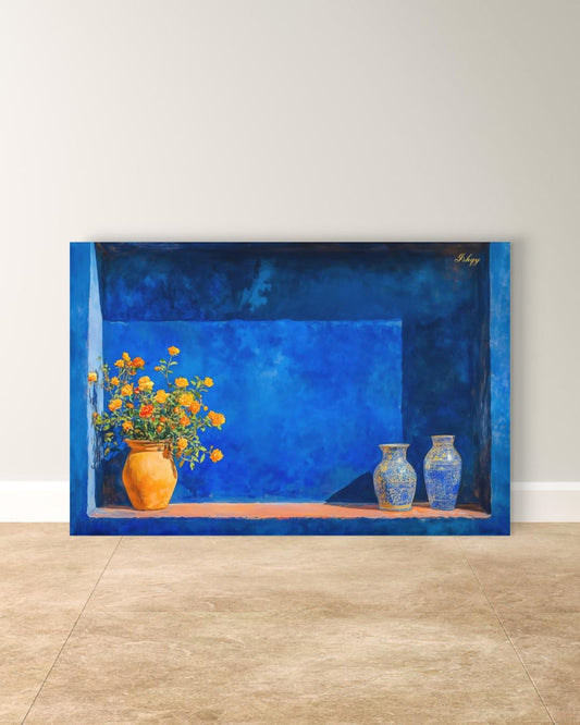 Moroccan Still Life Painting Canvas Framed Canvas, Majorelle Blue Niche With Vases Art Print, Marrakech Wall Art For Living Room Decor