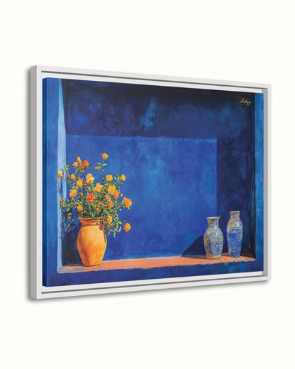 Moroccan Still Life Painting Print, Canvas & Framed Canvas, Majorelle Blue Niche With Vases Art, Marrakech Wall Art For Living Room Decor