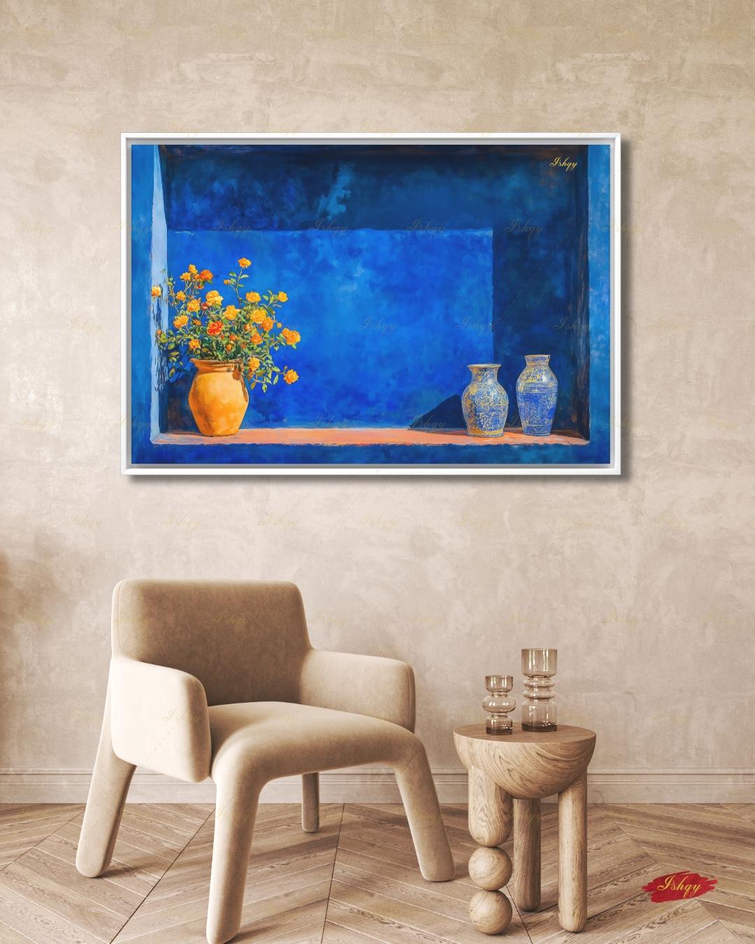 Oversized Moroccan Canvas Wall Art, Majorelle Blue Niche Framed Canvas Print, Extra Large Terracotta Vase Still Life, Above Fireplace Decor