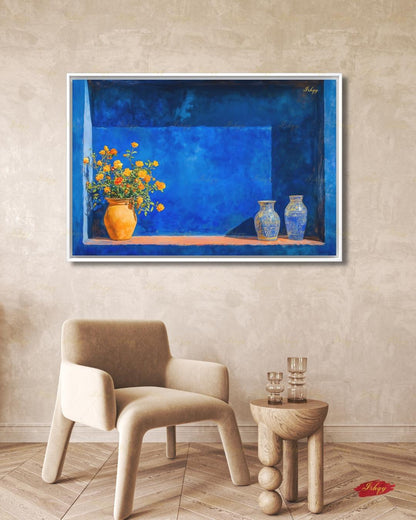 Oversized Moroccan Canvas Wall Art, Majorelle Blue Niche Framed Canvas Print, Extra Large Terracotta Vase Still Life, Above Fireplace Decor