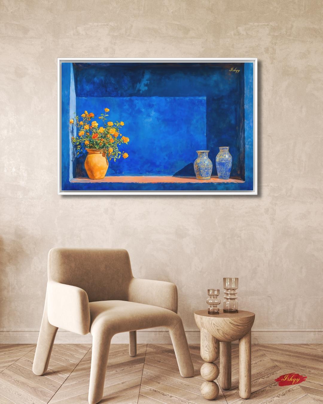 Moroccan Still Life Painting Print, Canvas & Framed Canvas, Majorelle Blue Niche With Vases Art, Marrakech Wall Art For Living Room Decor