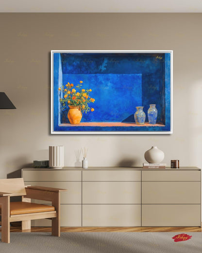 Oversized Moroccan Canvas Wall Art, Majorelle Blue Niche Framed Canvas Print, Extra Large Terracotta Vase Still Life, Above Fireplace Decor