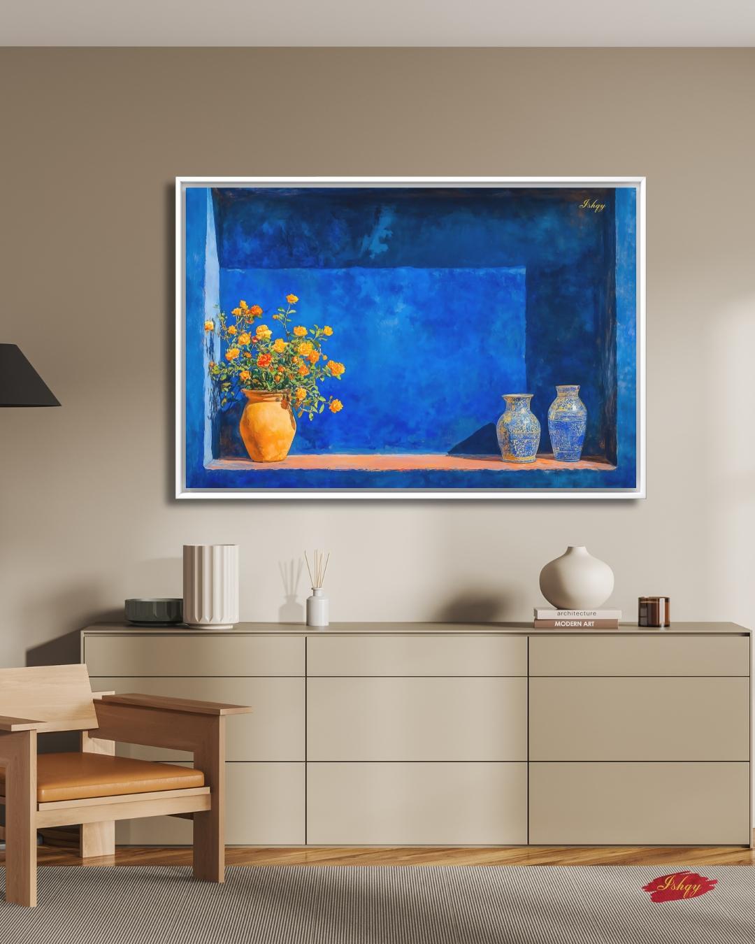 Moroccan Still Life Painting Print, Canvas & Framed Canvas, Majorelle Blue Niche With Vases Art, Marrakech Wall Art For Living Room Decor