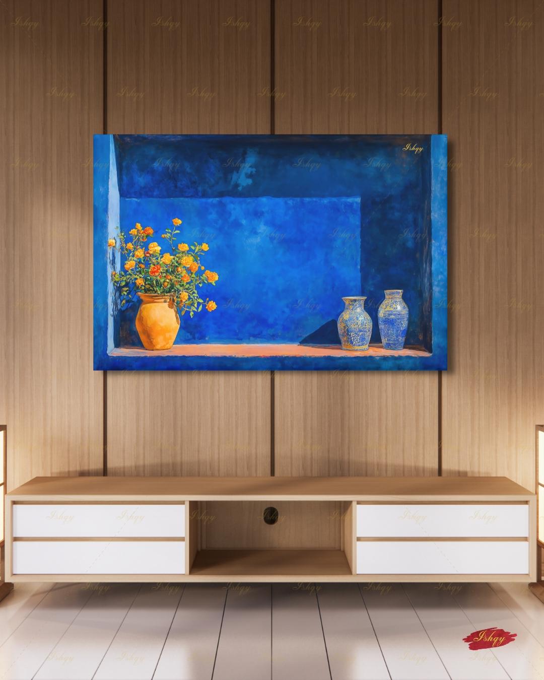 Oversized Moroccan Canvas Wall Art, Majorelle Blue Niche Framed Canvas Print, Extra Large Terracotta Vase Still Life, Above Fireplace Decor