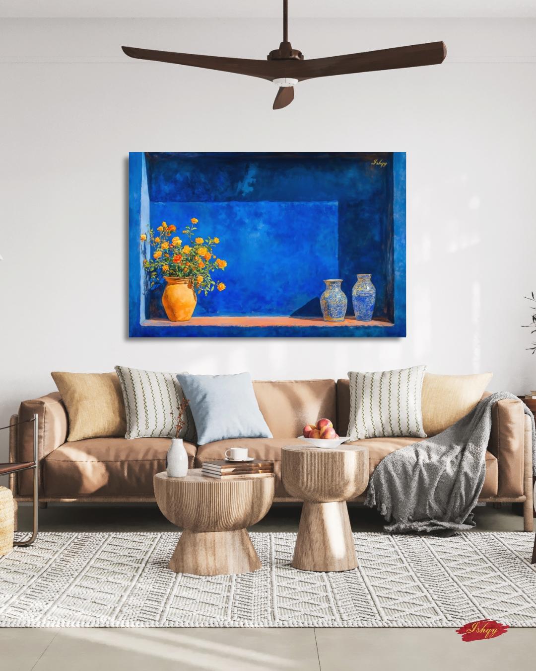 Moroccan Still Life Painting Canvas Framed Canvas, Majorelle Blue Niche With Vases Art Print, Marrakech Wall Art For Living Room Decor