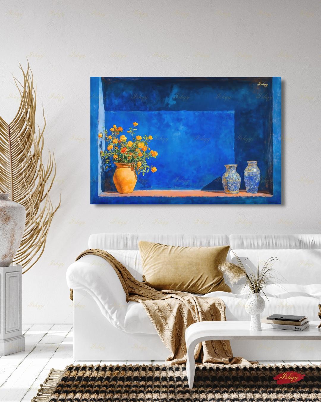 Oversized Moroccan Canvas Wall Art, Majorelle Blue Niche Framed Canvas Print, Extra Large Terracotta Vase Still Life, Above Fireplace Decor