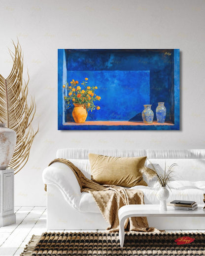 Oversized Moroccan Canvas Wall Art, Majorelle Blue Niche Framed Canvas Print, Extra Large Terracotta Vase Still Life, Above Fireplace Decor