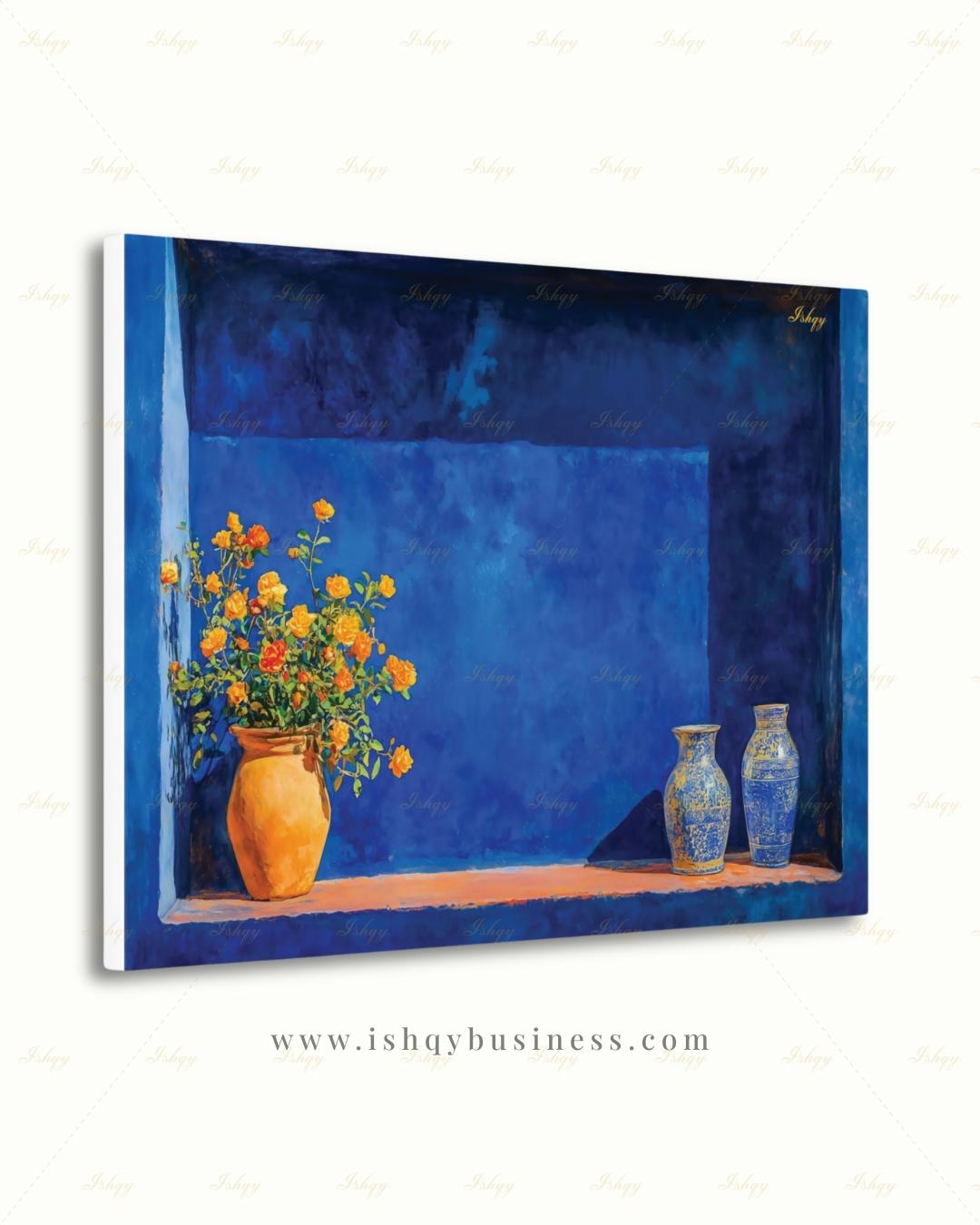 Oversized Moroccan Canvas Wall Art, Majorelle Blue Niche Framed Canvas Print, Extra Large Terracotta Vase Still Life, Above Fireplace Decor