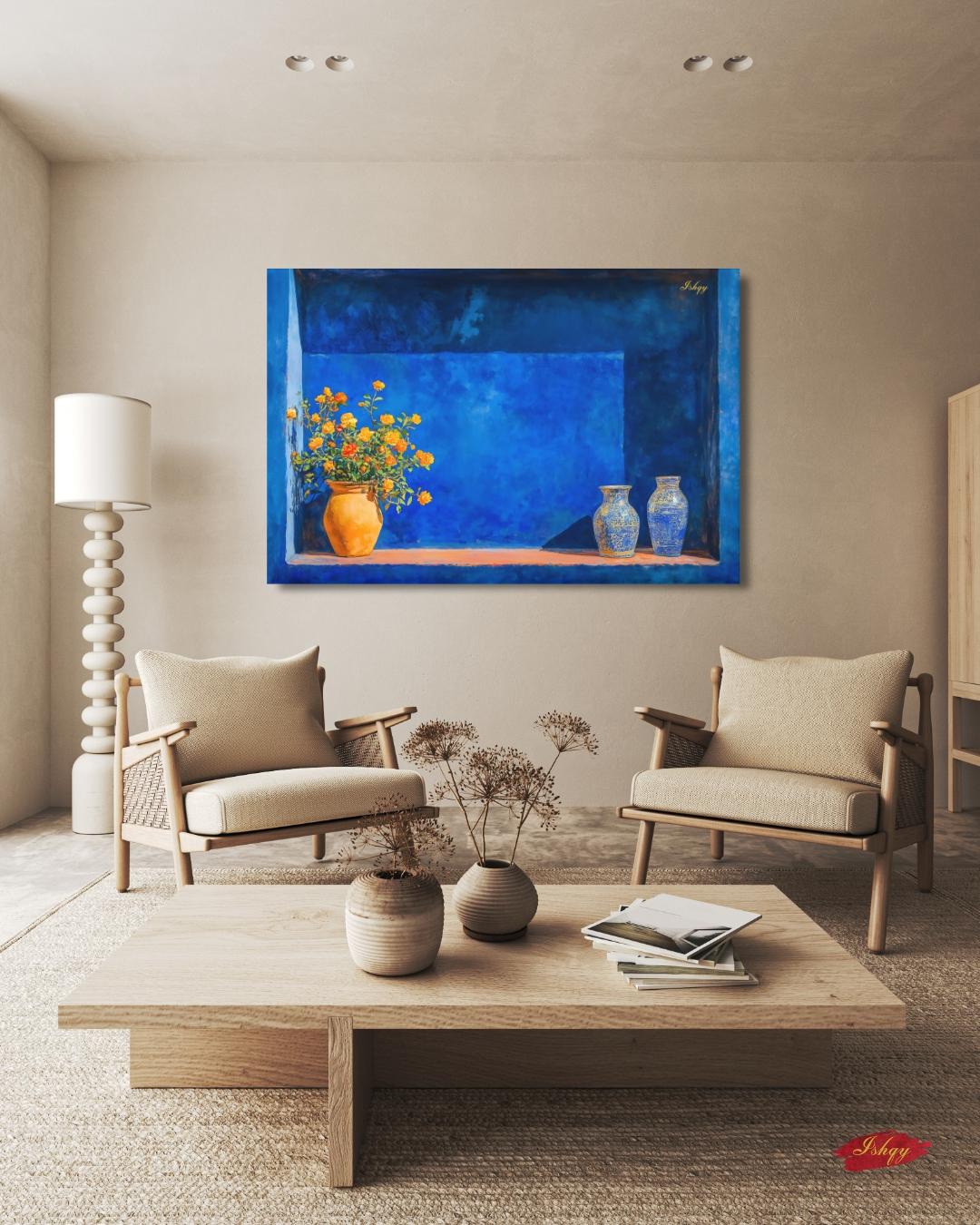 Moroccan Still Life Painting Canvas Framed Canvas, Majorelle Blue Niche With Vases Art Print, Marrakech Wall Art For Living Room Decor