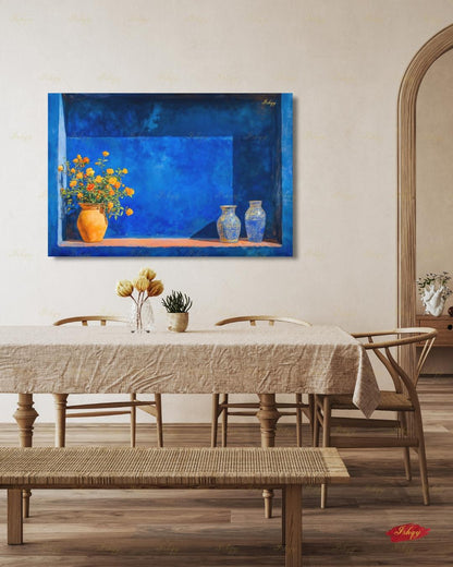 Oversized Moroccan Canvas Wall Art, Majorelle Blue Niche Framed Canvas Print, Extra Large Terracotta Vase Still Life, Above Fireplace Decor