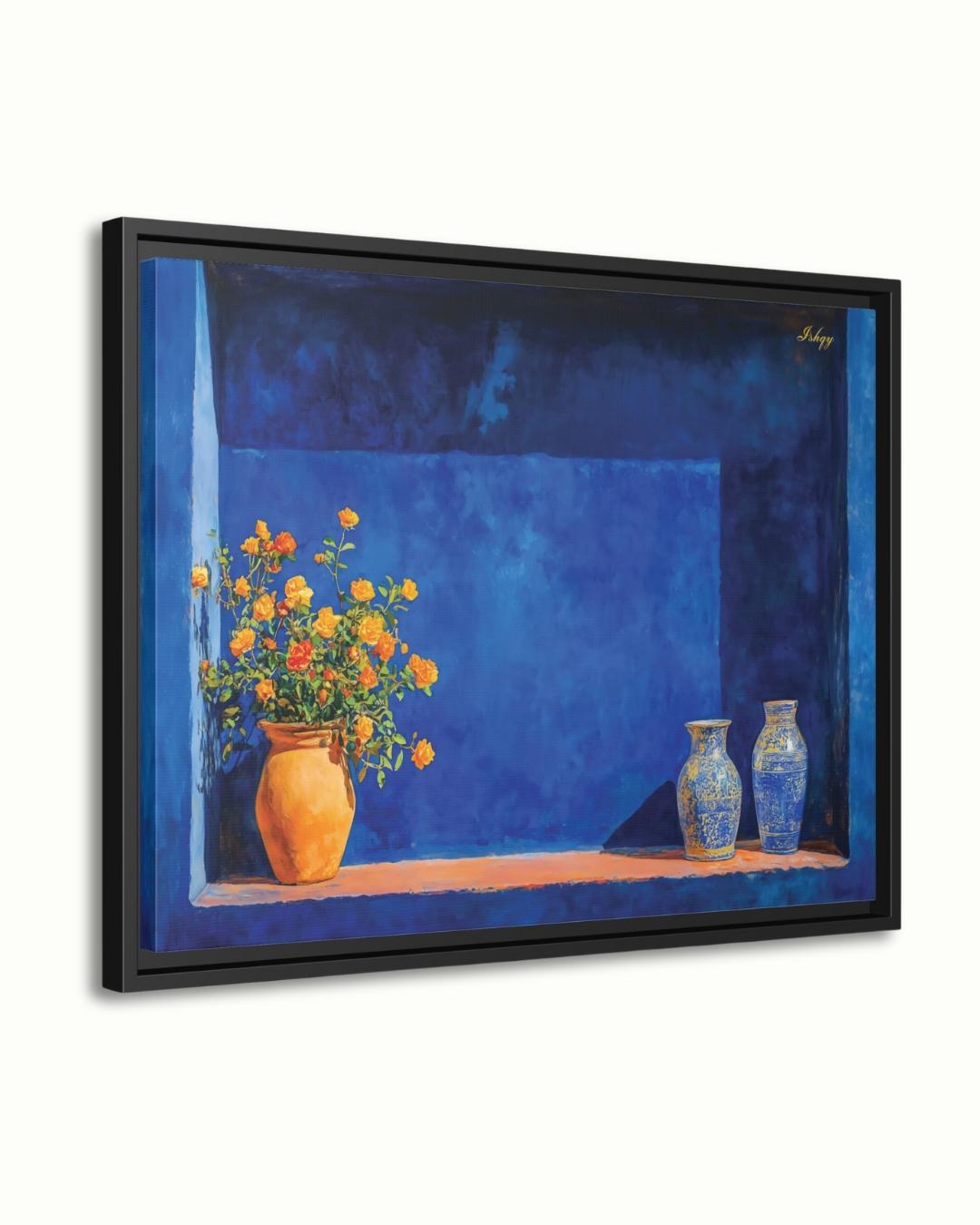 Moroccan Still Life Painting Canvas Framed Canvas, Majorelle Blue Niche With Vases Art Print, Marrakech Wall Art For Living Room Decor