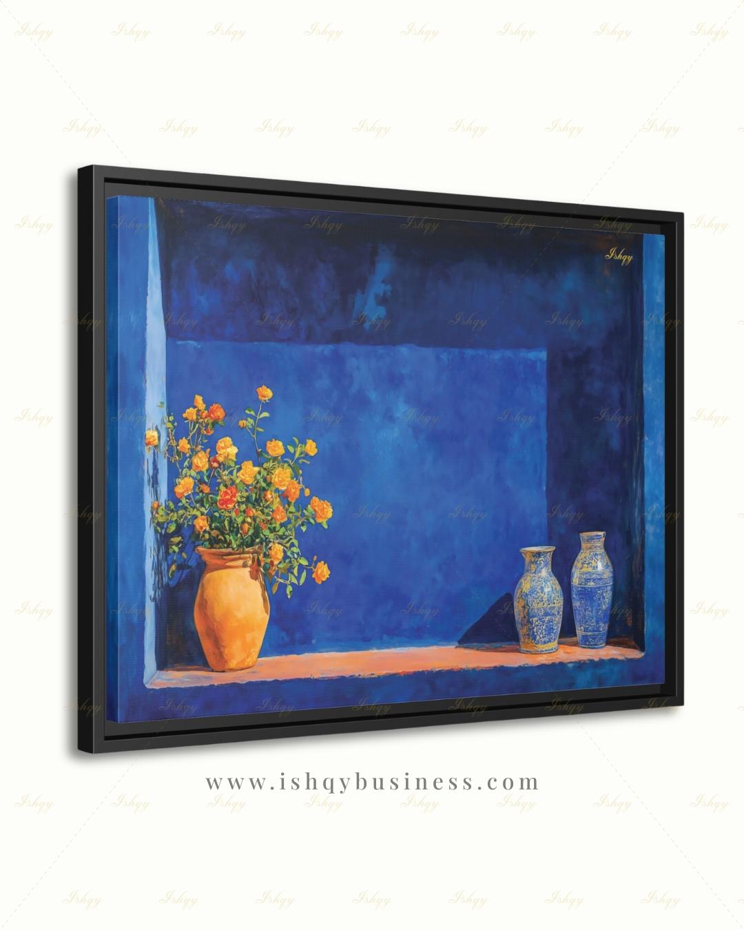 Oversized Moroccan Canvas Wall Art, Majorelle Blue Niche Framed Canvas Print, Extra Large Terracotta Vase Still Life, Above Fireplace Decor