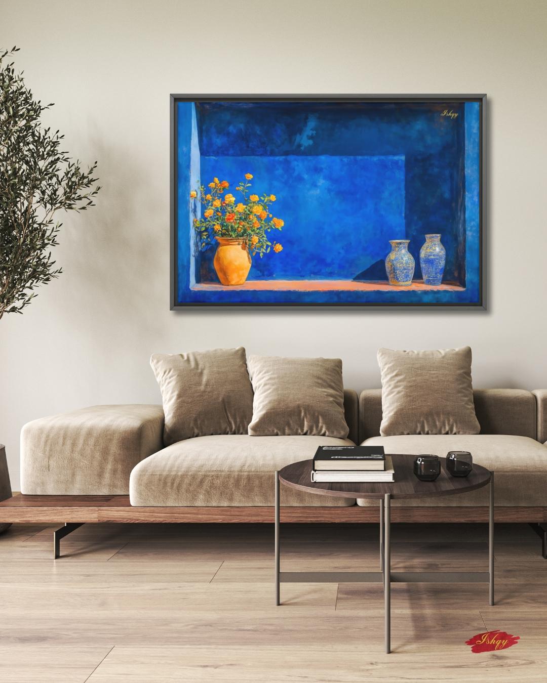 Moroccan Still Life Painting Canvas Framed Canvas, Majorelle Blue Niche With Vases Art Print, Marrakech Wall Art For Living Room Decor