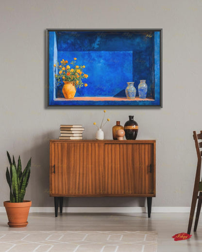 Oversized Moroccan Canvas Wall Art, Majorelle Blue Niche Framed Canvas Print, Extra Large Terracotta Vase Still Life, Above Fireplace Decor