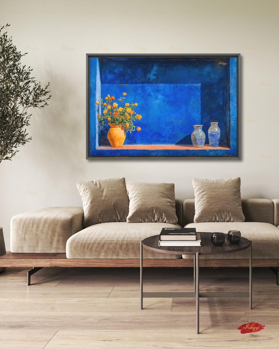 Oversized Moroccan Canvas Wall Art, Majorelle Blue Niche Framed Canvas Print, Extra Large Terracotta Vase Still Life, Above Fireplace Decor