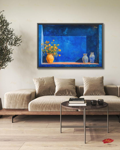 Oversized Moroccan Canvas Wall Art, Majorelle Blue Niche Framed Canvas Print, Extra Large Terracotta Vase Still Life, Above Fireplace Decor