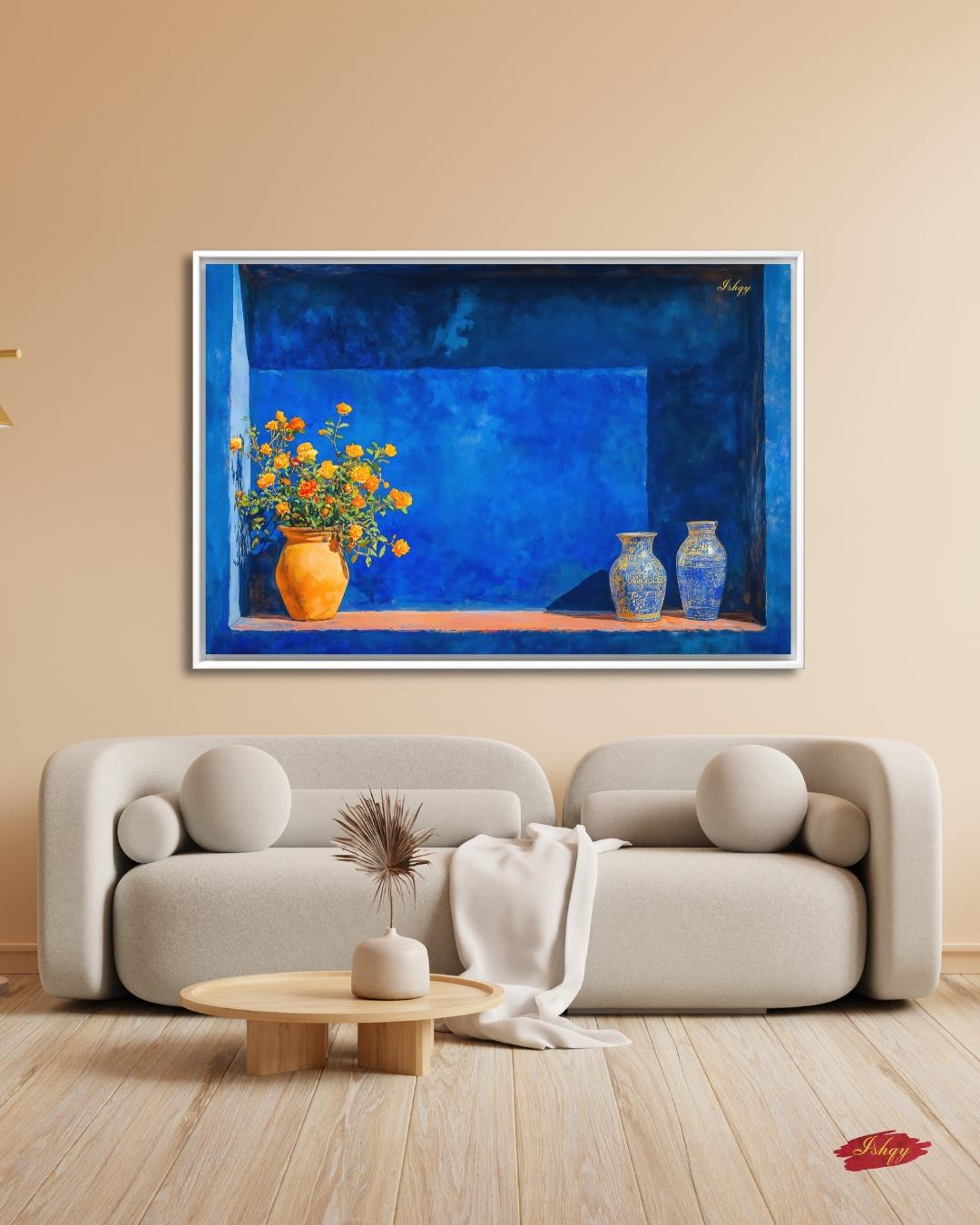 Moroccan Still Life Painting Canvas Framed Canvas, Majorelle Blue Niche With Vases Art Print, Marrakech Wall Art For Living Room Decor