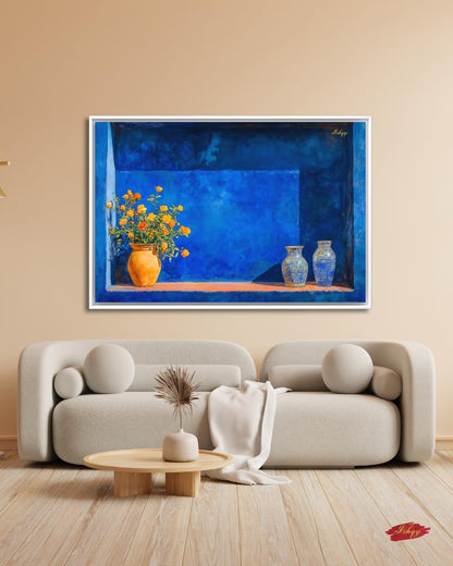 Moroccan Still Life Painting Canvas Framed Canvas, Majorelle Blue Niche With Vases Art Print, Marrakech Wall Art For Living Room Decor