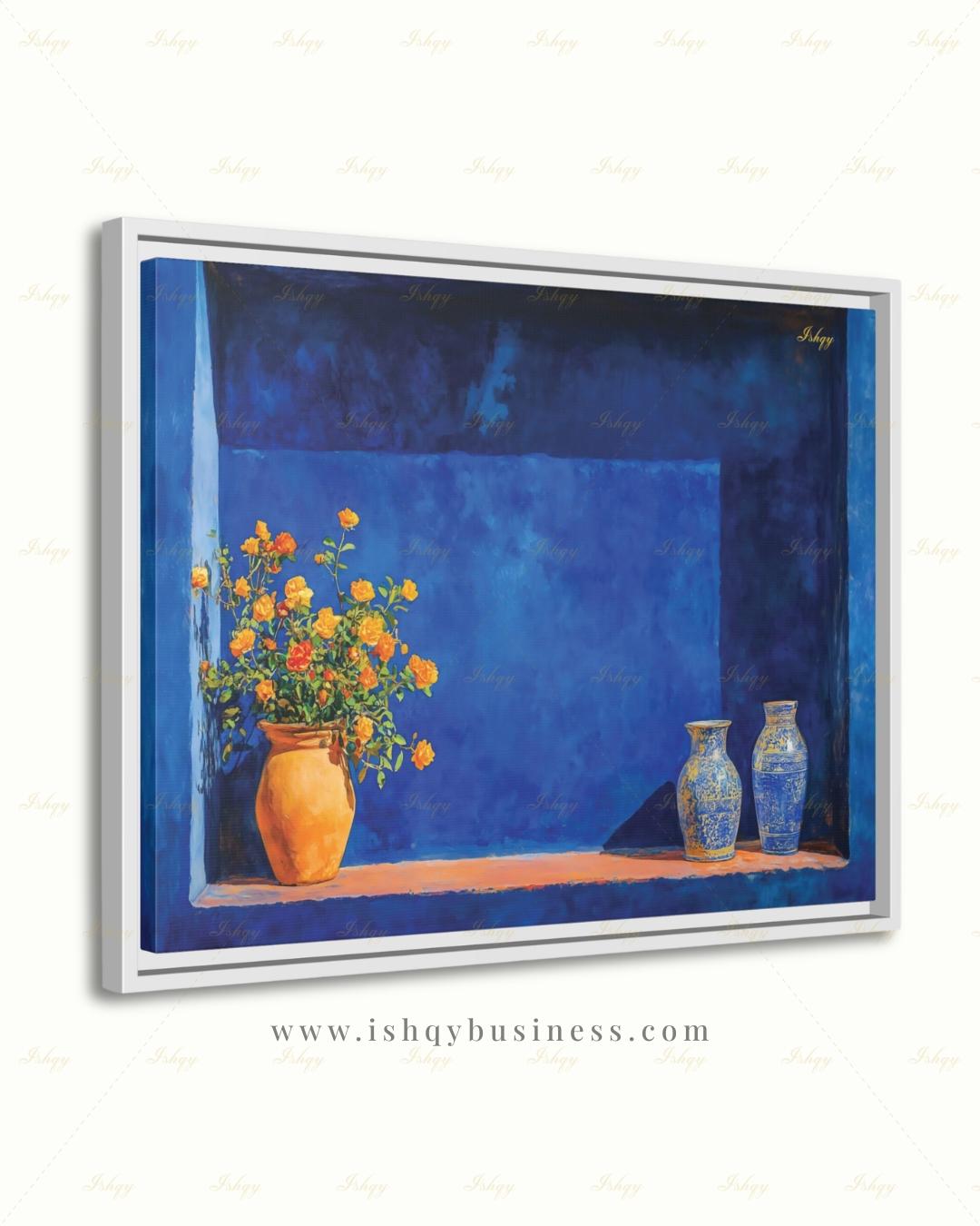 Oversized Moroccan Canvas Wall Art, Majorelle Blue Niche Framed Canvas Print, Extra Large Terracotta Vase Still Life, Above Fireplace Decor