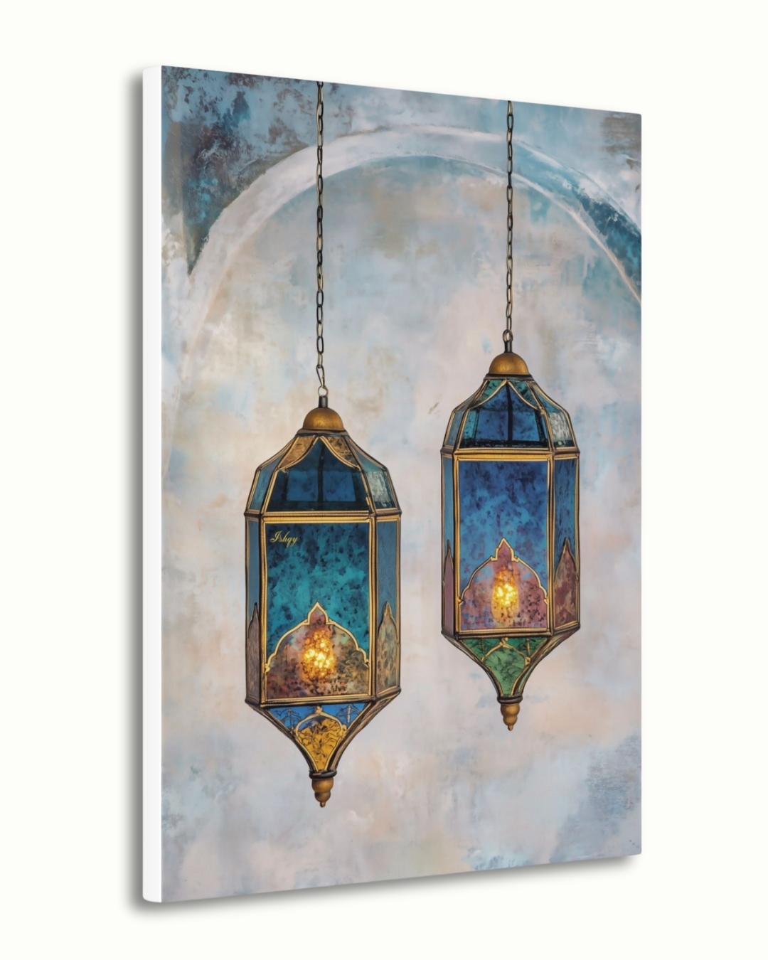 Moroccan Lanterns Wall Art Print, Canvas, Framed Canvas, Marrakech Boho Decor, Islamic Hanging Lantern Painting in Blue Teal for Living Room