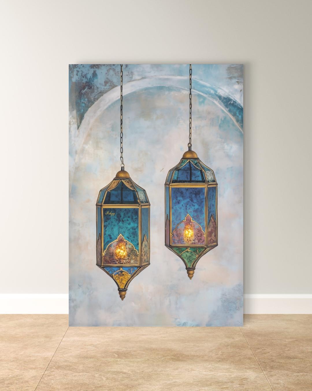 Moroccan Lanterns Wall Art Print, Canvas, Framed Canvas, Marrakech Boho Decor, Islamic Hanging Lantern Painting in Blue Teal for Living Room