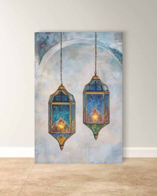 Moroccan Lanterns Wall Art Print, Canvas, Framed Canvas, Marrakech Boho Decor, Islamic Hanging Lantern Painting in Blue Teal for Living Room