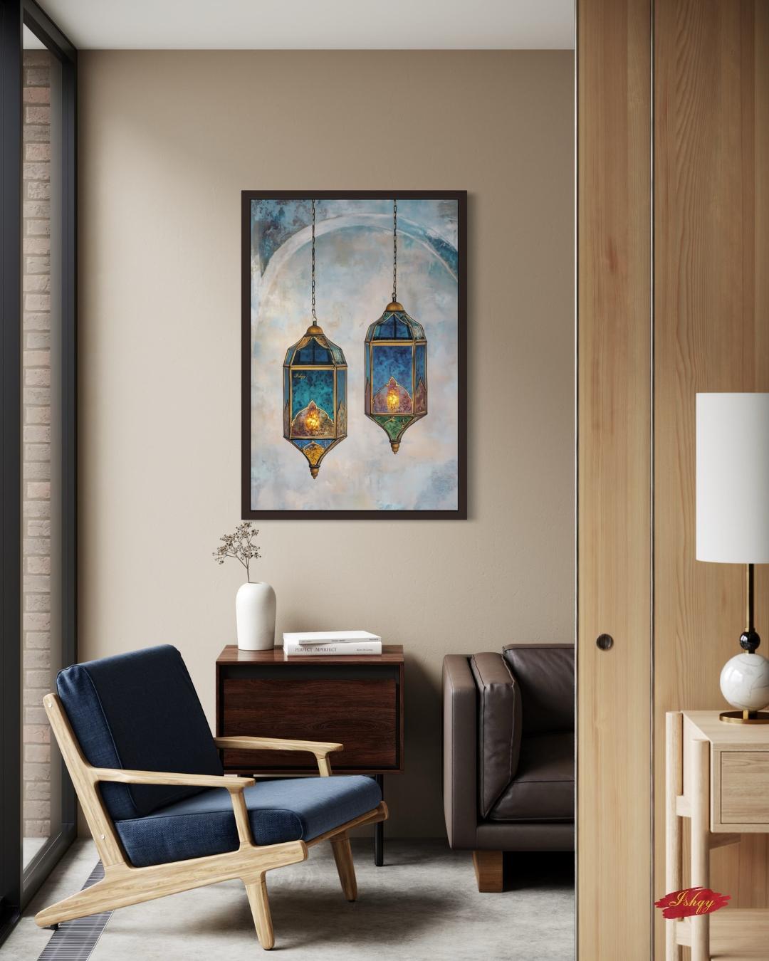 Moroccan Lanterns Wall Art Print, Canvas, Framed Canvas, Marrakech Boho Decor, Islamic Hanging Lantern Painting in Blue Teal for Living Room