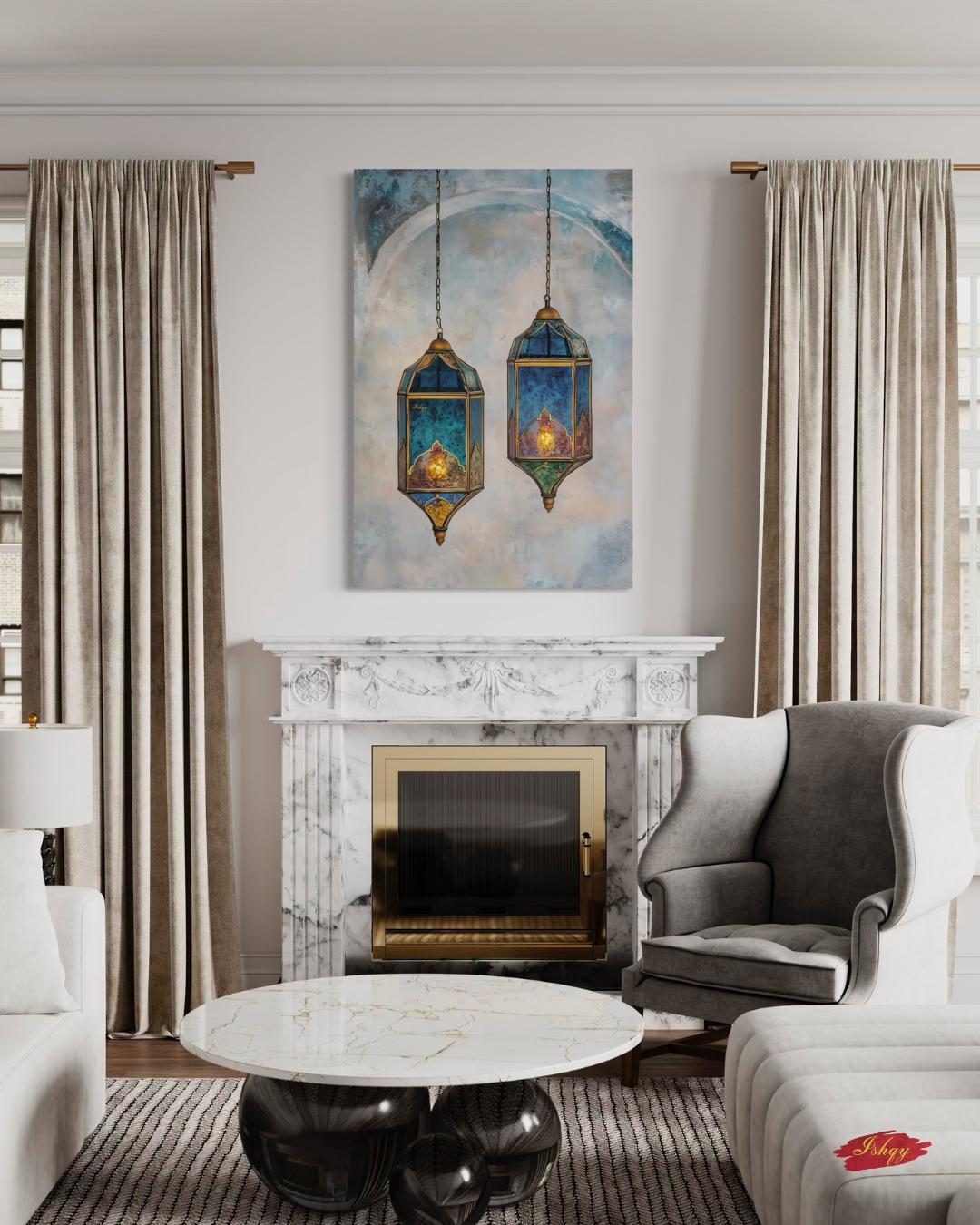 Moroccan Lanterns Wall Art Print, Canvas, Framed Canvas, Marrakech Boho Decor, Islamic Hanging Lantern Painting in Blue Teal for Living Room