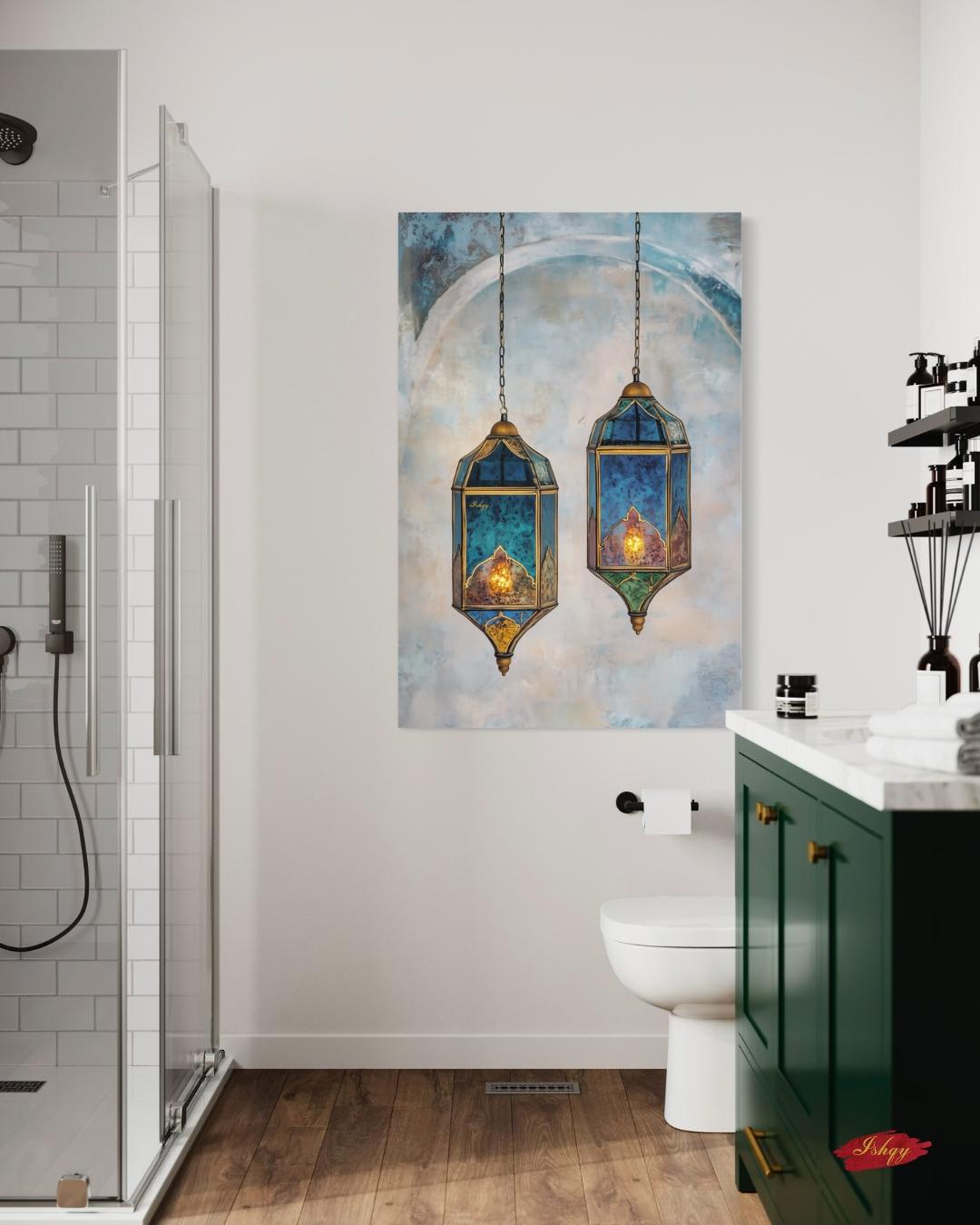 Moroccan Lanterns Wall Art Print, Canvas, Framed Canvas, Marrakech Boho Decor, Islamic Hanging Lantern Painting in Blue Teal for Living Room