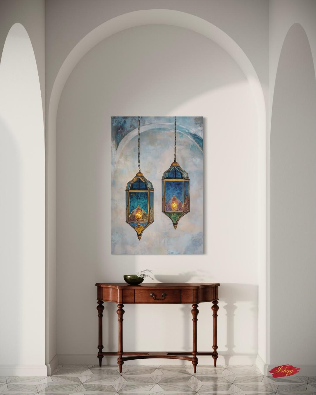 Moroccan Lanterns Wall Art Print, Canvas, Framed Canvas, Marrakech Boho Decor, Islamic Hanging Lantern Painting in Blue Teal for Living Room