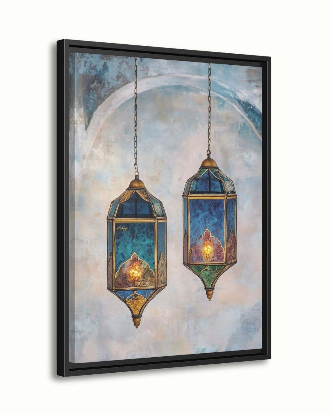 Moroccan Lanterns Wall Art Print, Canvas, Framed Canvas, Marrakech Boho Decor, Islamic Hanging Lantern Painting in Blue Teal for Living Room