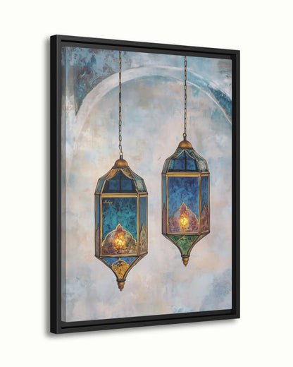 Moroccan Lanterns Wall Art Print, Canvas, Framed Canvas, Marrakech Boho Decor, Islamic Hanging Lantern Painting in Blue Teal for Living Room