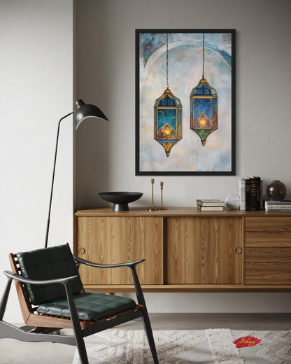 Moroccan Lanterns Wall Art Print, Canvas, Framed Canvas, Marrakech Boho Decor, Islamic Hanging Lantern Painting in Blue Teal for Living Room