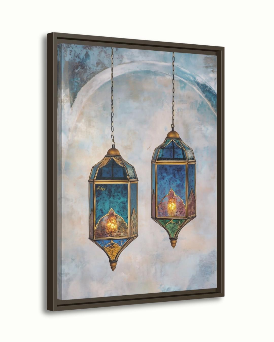 Moroccan Lanterns Wall Art Print, Canvas, Framed Canvas, Marrakech Boho Decor, Islamic Hanging Lantern Painting in Blue Teal for Living Room