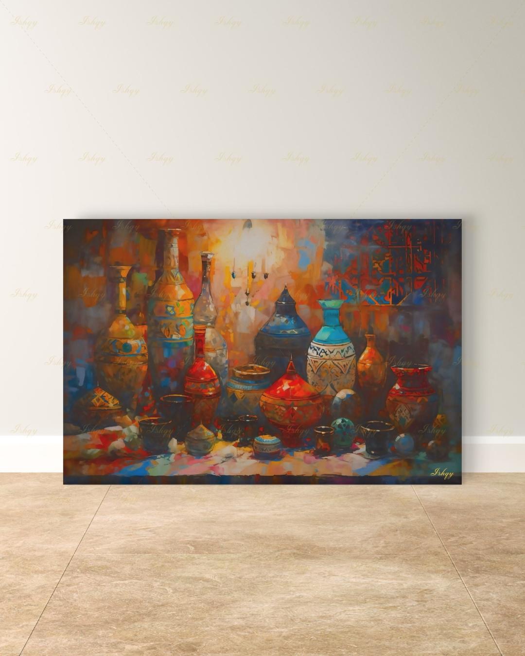 Oversized Moroccan Canvas Wall Art, Pottery Still Life Framed Canvas Print, Extra Large Terracotta Ceramic Vases Painting, Above Bed Decor