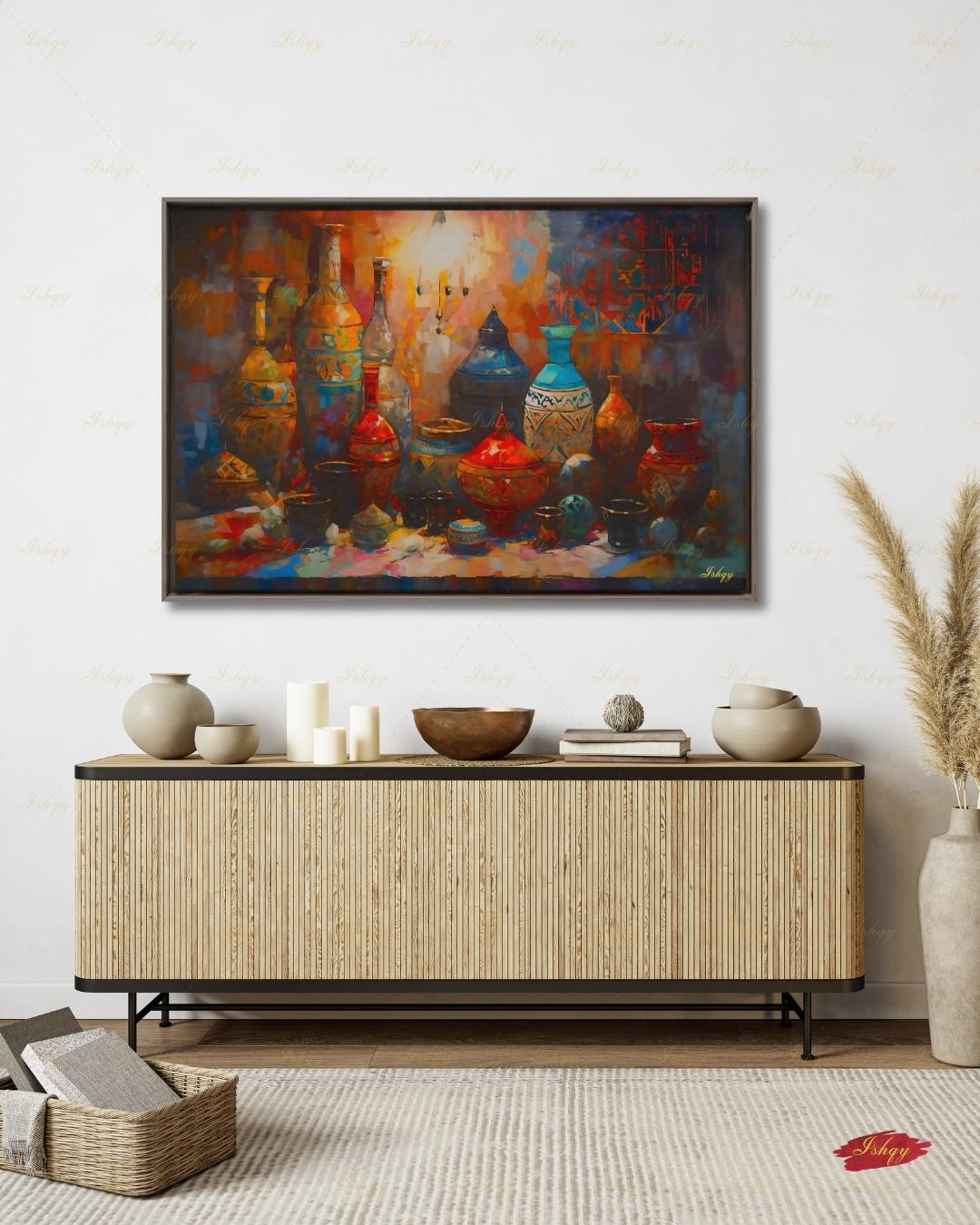 Oversized Moroccan Canvas Wall Art, Pottery Still Life Framed Canvas Print, Extra Large Terracotta Ceramic Vases Painting, Above Bed Decor