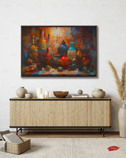 Oversized Moroccan Canvas Wall Art, Pottery Still Life Framed Canvas Print, Extra Large Terracotta Ceramic Vases Painting, Above Bed Decor