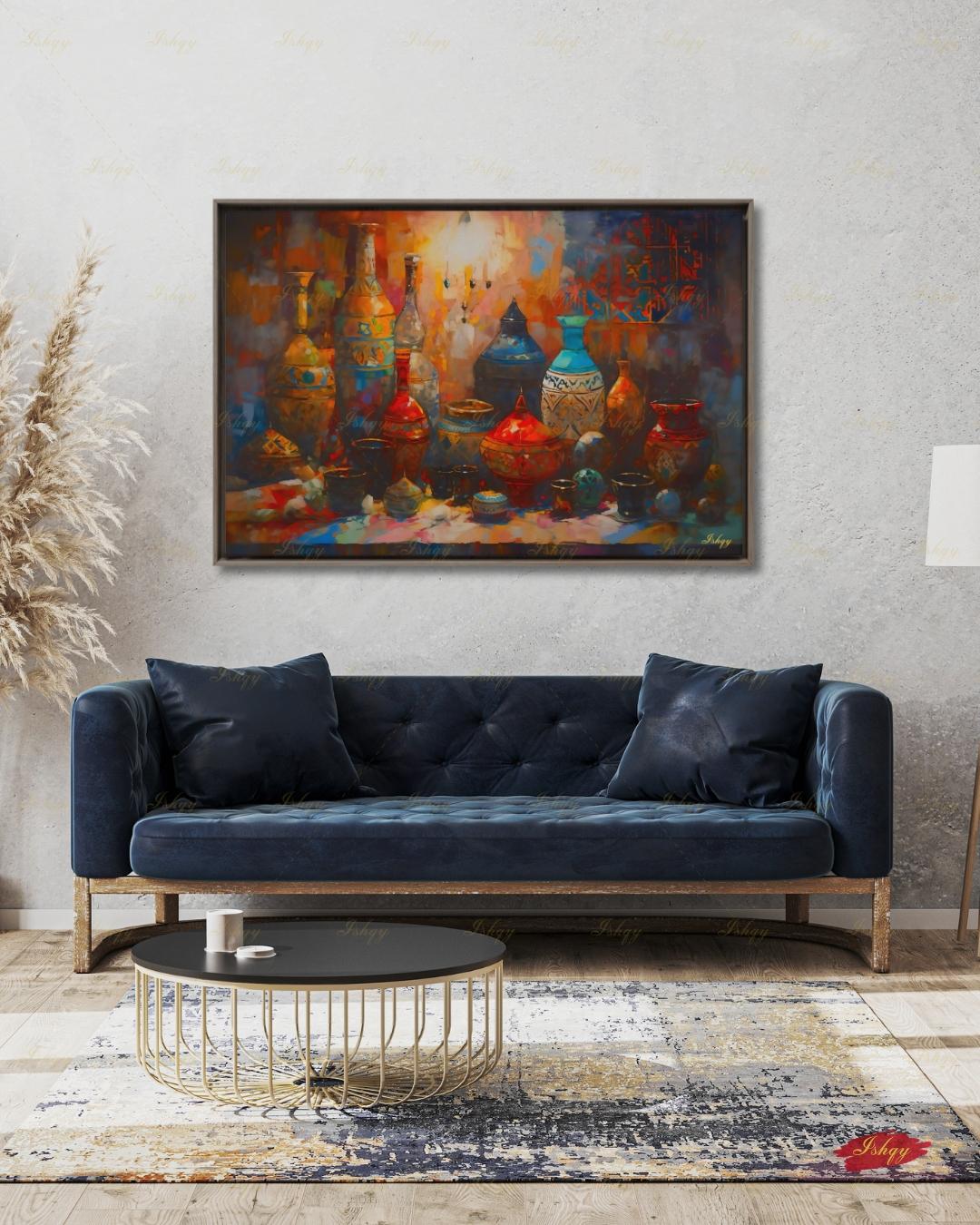 Oversized Moroccan Canvas Wall Art, Pottery Still Life Framed Canvas Print, Extra Large Terracotta Ceramic Vases Painting, Above Bed Decor