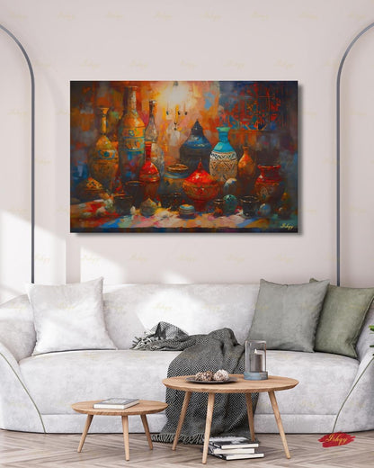 Oversized Moroccan Canvas Wall Art, Pottery Still Life Framed Canvas Print, Extra Large Terracotta Ceramic Vases Painting, Above Bed Decor