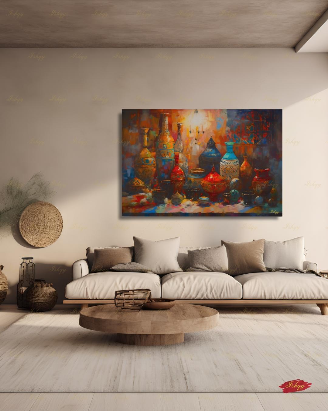 Oversized Moroccan Canvas Wall Art, Pottery Still Life Framed Canvas Print, Extra Large Terracotta Ceramic Vases Painting, Above Bed Decor